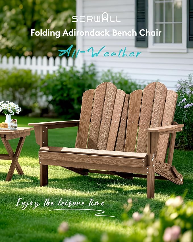 SERWALL Folding Adirondack Bench, HDPE All-Weather Adirondack Loveseat Set of 2 - Image 2