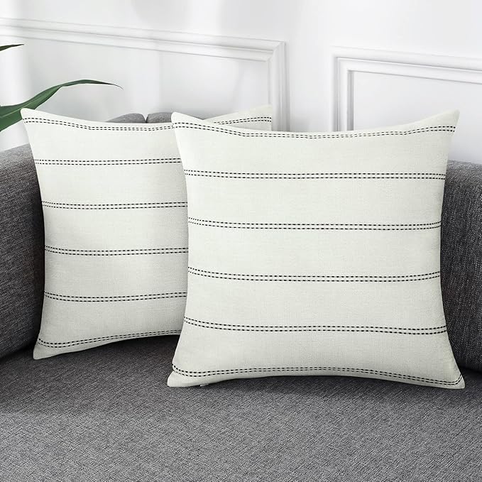 AmHoo Pack of 2 Farmhouse Stripe Check Throw Pillow Covers Set Case Cotton by AmHootextile