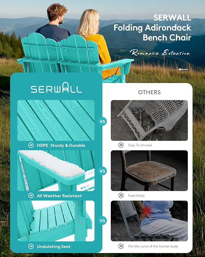SERWALL Folding Adirondack Bench, HDPE All-Weather Adirondack Loveseat Set of 2 - Image 5