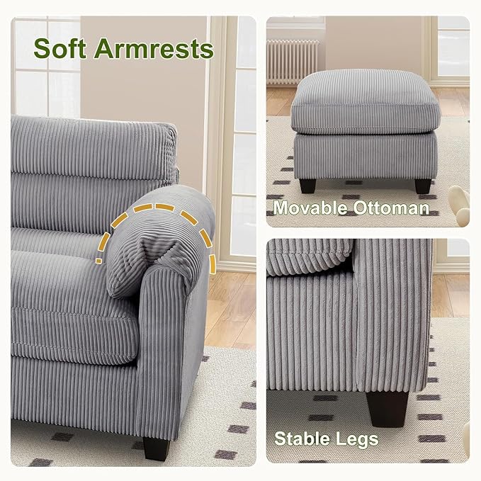 HAOMARKETS Corduroy 3-Piece Sofa Set, Upholstered Ottoman and Accent Chair Sofa - Image 5