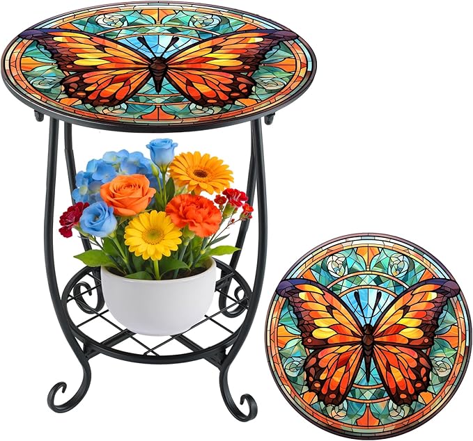 Cinnvoice Outdoor Side Table Round Small Mosaic Patio Accent Indoor End Plant by Cinnvoice