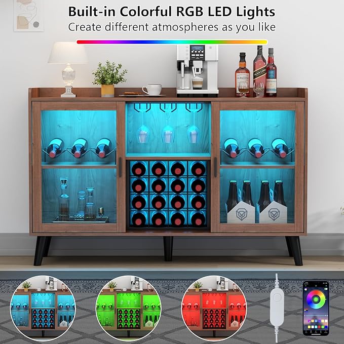 Loomie Wine Bar Cabinet with LED Light, Home Coffee Cabinet with Wine Rack and - Image 5