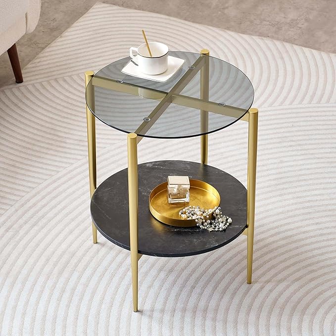 LumFurn Round Glass End Table, Mid-Century Modern Design Sofa Table by LumFurn