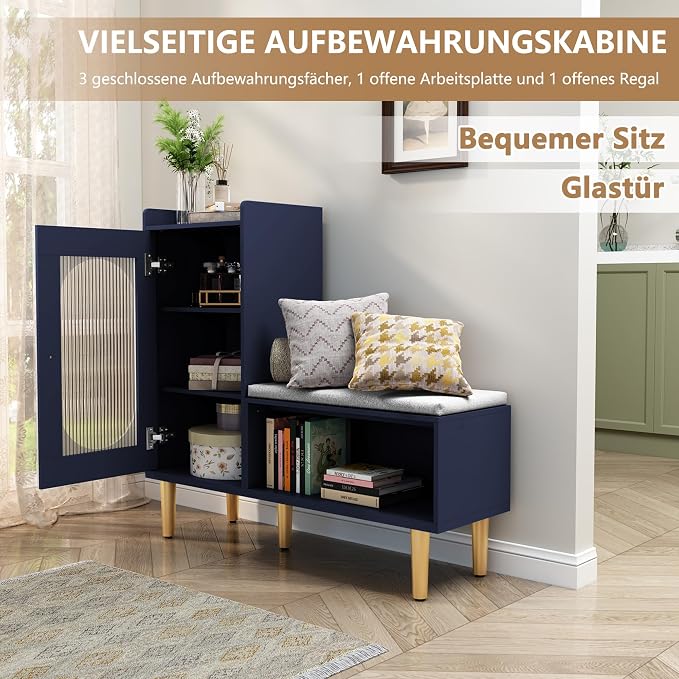 HLR Storage Bench with Glass Door&Shelf, Modern Entryway Shoe Cabinet Bench - Image 3