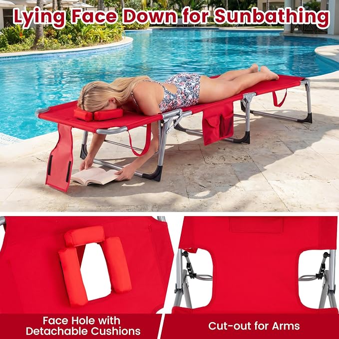 Goplus Tanning Chair, Folding Adjustable Patio Lounger w/Face Arm Holes - Image 5