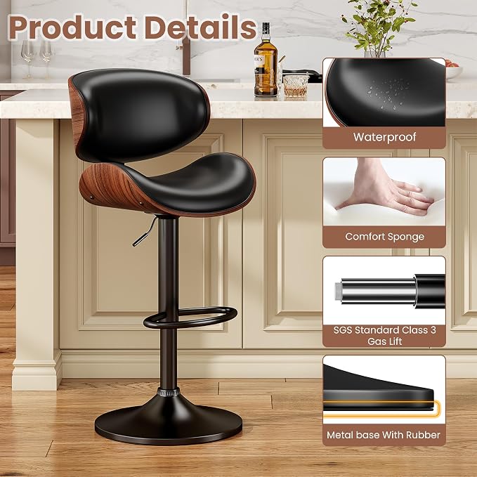 YaFiti Swivel Bar Stools for Kitchen Counter, Adjustable Bentwood Barstools - Image 4