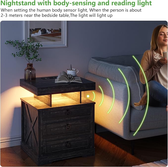HNEBC Nightstand with Gun Drawers, LED Farmhouse Night Stand with Charging - Image 7