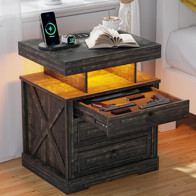 HNEBC Nightstand with Gun Drawers, LED Farmhouse Night Stand with Charging - Image 10