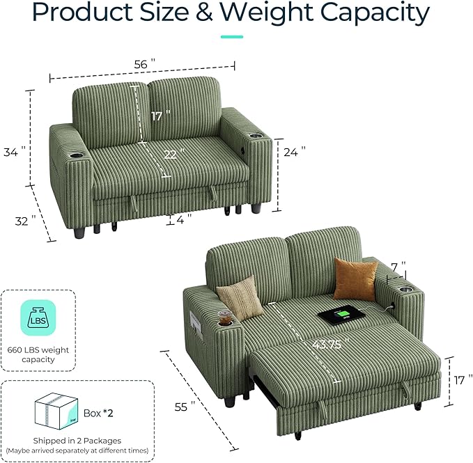 LINSY HOME Loveseat Sofa with Pull Out Couch Chaise: 2-in-1 Convertible 2 - Image 2