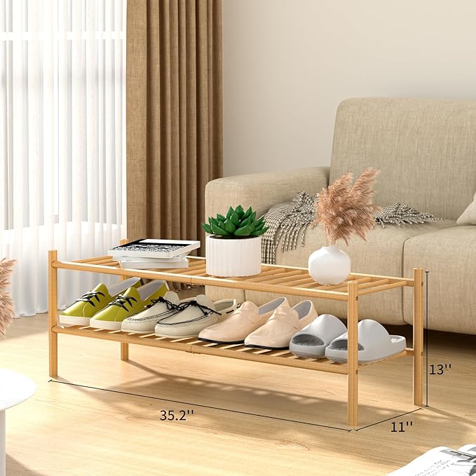 ROMGUAR CRAFT 2-Tier Bamboo Long Shoe Rack, Free Standing Wood Shoe Shelf - Image 3