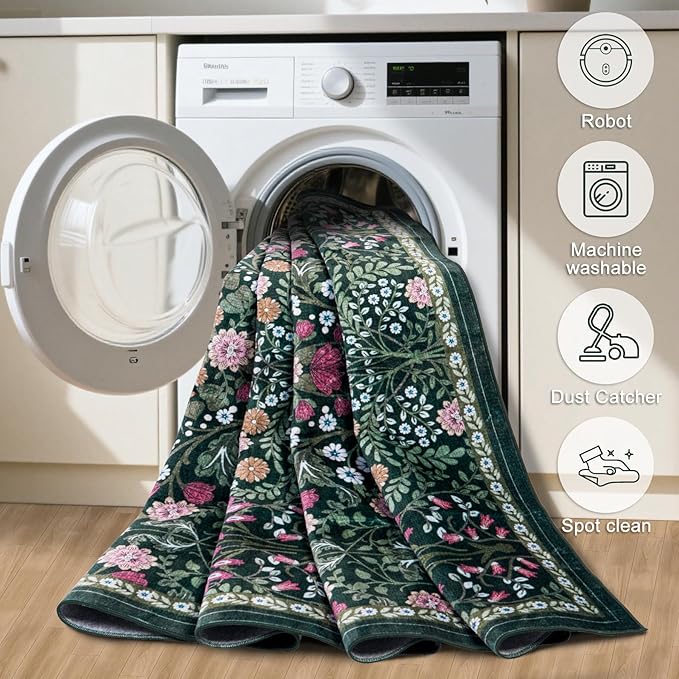 Round Area Rug for Living Room: 4 ft Floral Washable Circle Rug Soft Boho - Image 7