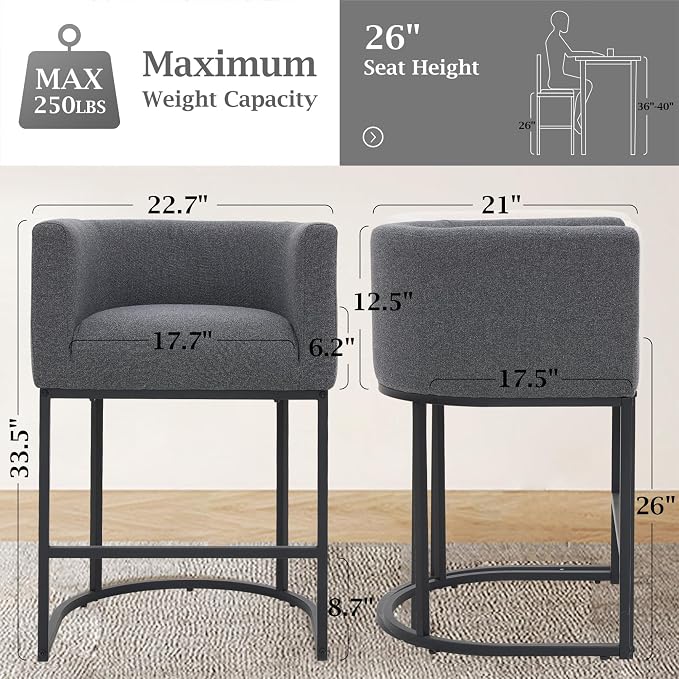 ClinQ 26" H Counter Height Bar Stools Set of 2, Modern Barrel Counter Stools - Image 2