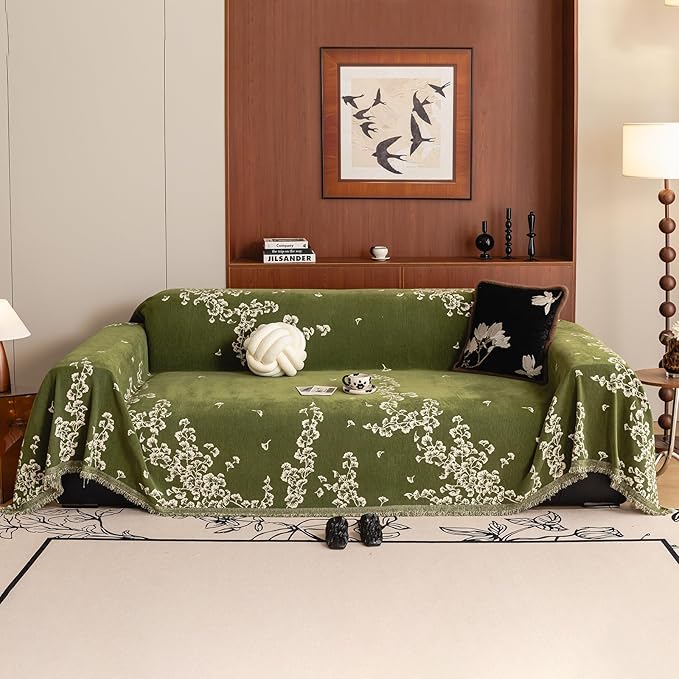 VClife Emerald Green Ginkgo Botanical Sofa Cover Non Slip Chenille Couch Cover by VCLIFE