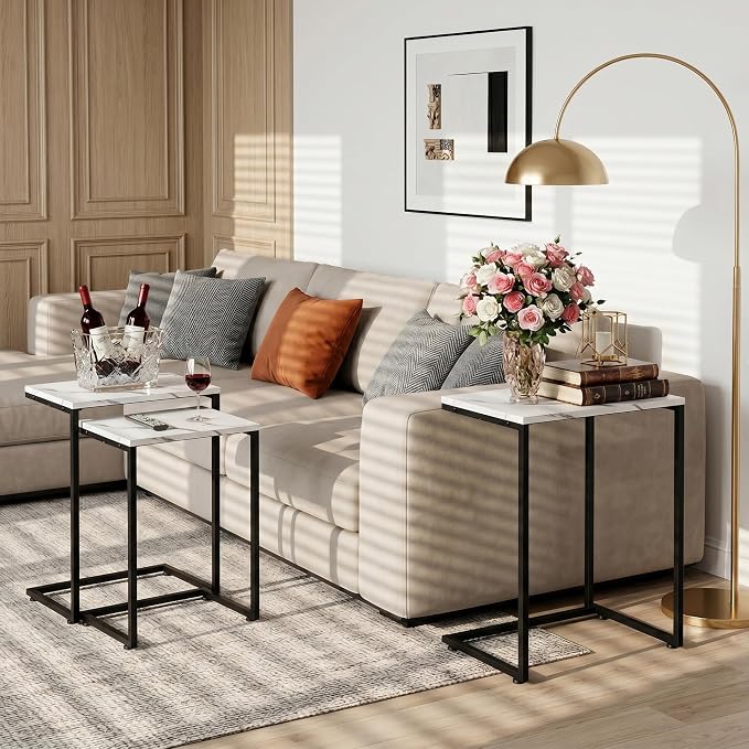 SUPER DEAL Nesting Tables Set of 3, Industrial C Shaped End Table Stackable - Image 2