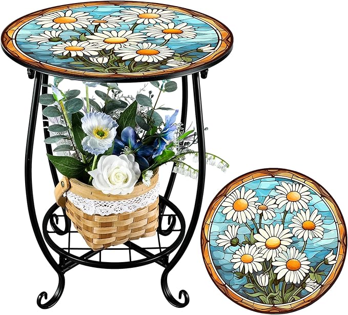 Cinnvoice Outdoor Side Table Round Small Mosaic Patio Accent Indoor End Plant by Cinnvoice