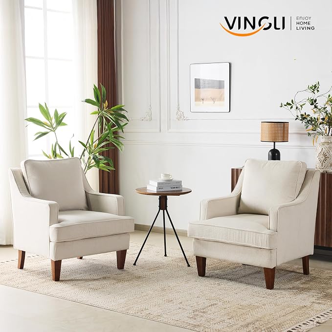 VINGLI Beige Accent Chair, Mid Century Modern Chairs, Upholstered Armchair - Image 9