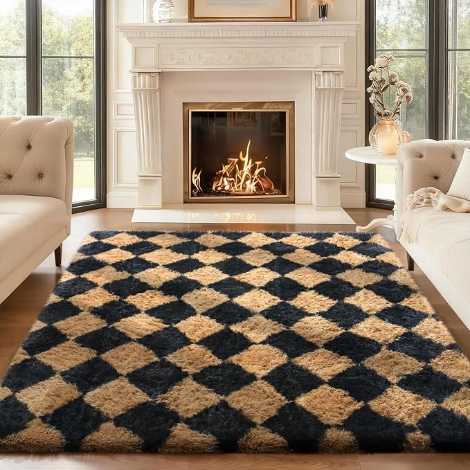 Ophanie Black & Beige Diamond Checkered Rugs by Ophanie