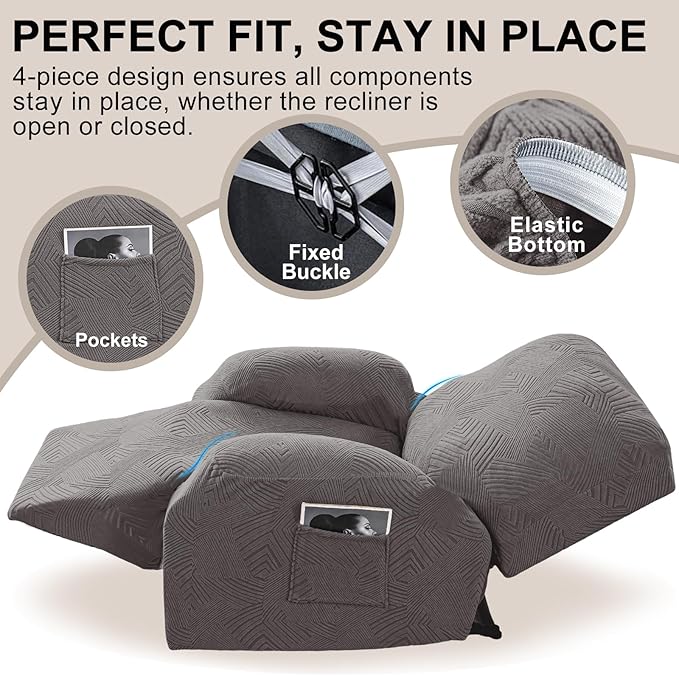 Recliner Chair Covers, 4-Piece Stretch Geometric Strokes Jacquard Reclining - Image 4