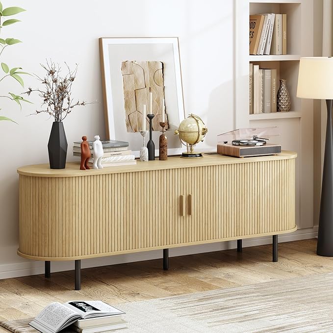 63" TV Stand with Power Outlet, Modern Media Console with Sliding Doors - Image 4