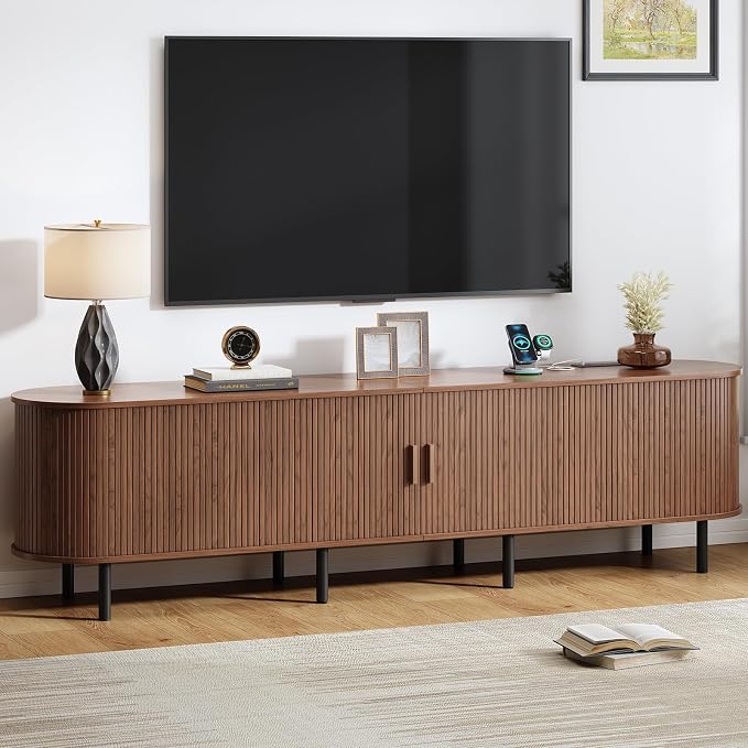 86.6" TV Stand with Power Outlet, Mid-Century Modern Television Stand, Fluted by ComfyCorner