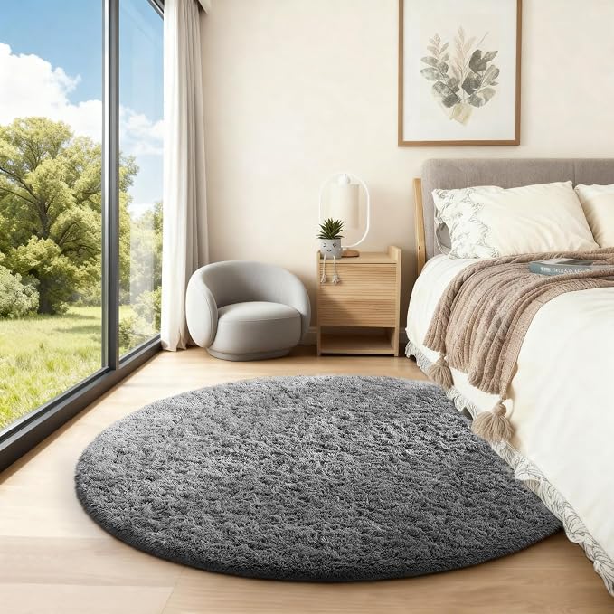 Ophanie Round Rug 4Ft Grey Circle Area Rugs, Fluffy Fuzzy Small Bedroom Carpet - Image 6