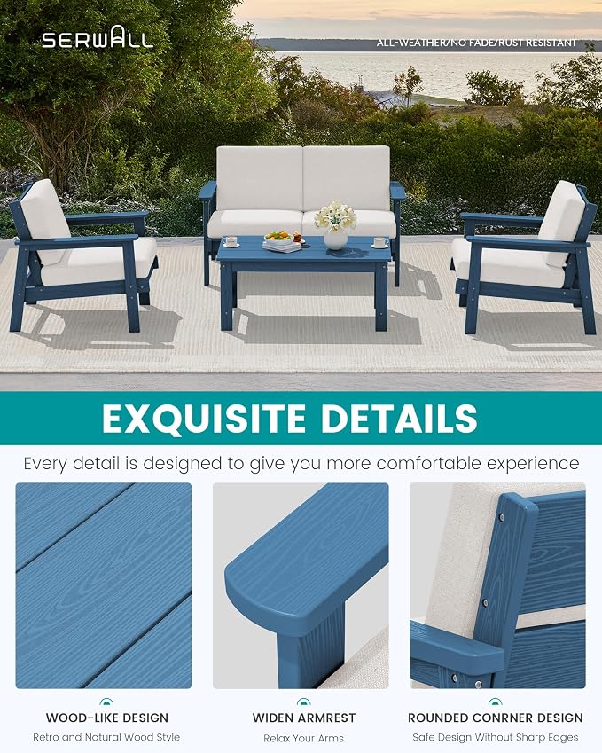 SERWALL 4 Piece HDPE Outdoor Furniture Set, All Weather Wood-Like Outdoor Sofa - Image 4