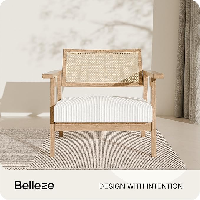 BELLEZE Mid Century Modern Rattan Chair Set of 2 Accent Natural Wood Armchair - Image 4