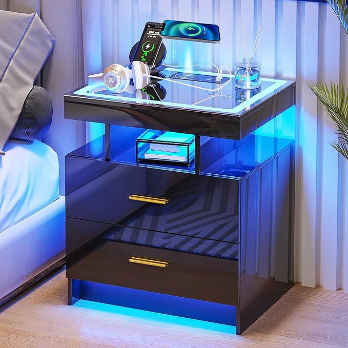 HNEBC LED Nightstand with Charging Station High Gloss Bedside Table with 2 by HNEBC