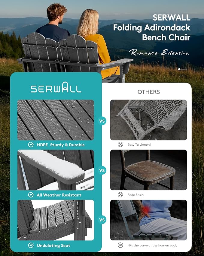 SERWALL Folding Adirondack Bench, HDPE All-Weather Adirondack Loveseat Set of 2 - Image 5