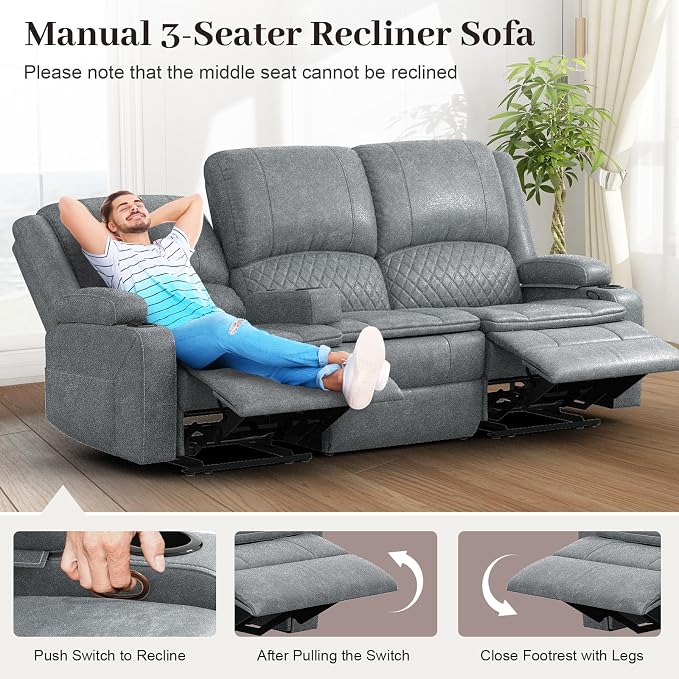 Yolsali 3-Seater Recliner Sofa, Manual Reclining Couch - Image 7