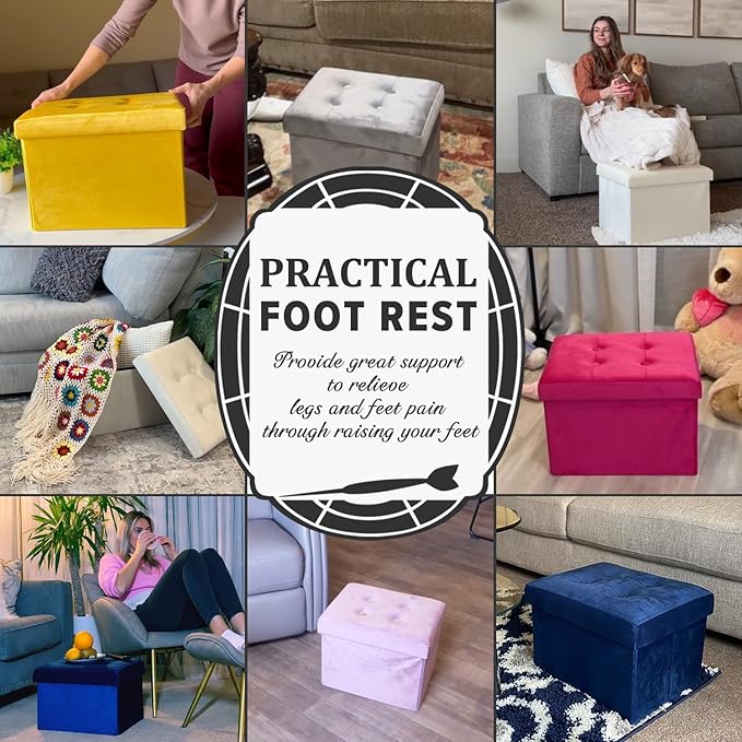 LINMAGCO Storage Ottoman Folding Foot Stool Velvet Foot Rest - Image 4
