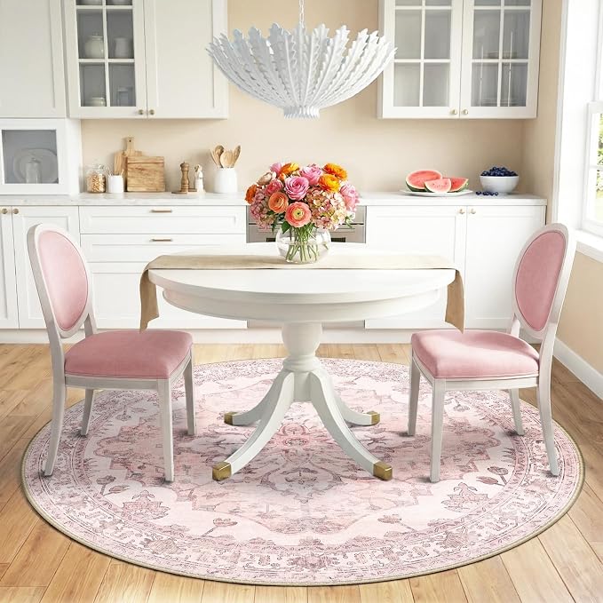 RELEANY Area Rugs Round 6ft Washable Non-Slip, Floral Vintage Distress Print - Image 2