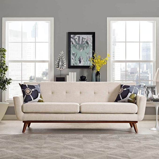 Modway Engage Mid-Century Modern Upholstered Fabric Sofa in Beige - Image 2