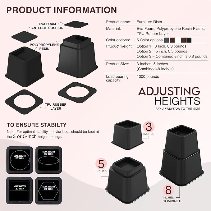 Utopia Bedding Bed Riser, 3 & 5 Inches Adjustable Furniture Risers - Image 5