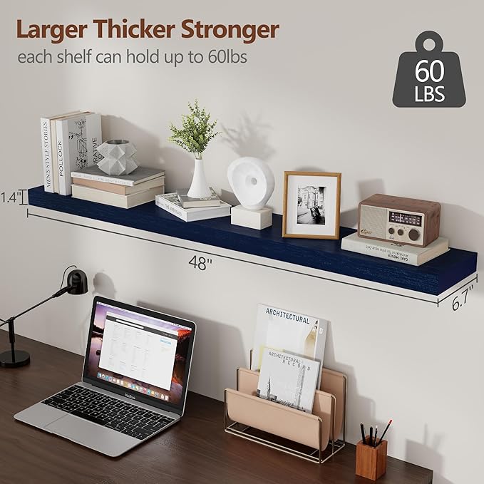 fuqing Dark Blue Floating Shelves 48 Inch, Solid Wooden Wall Shelves Set of 2 - Image 2