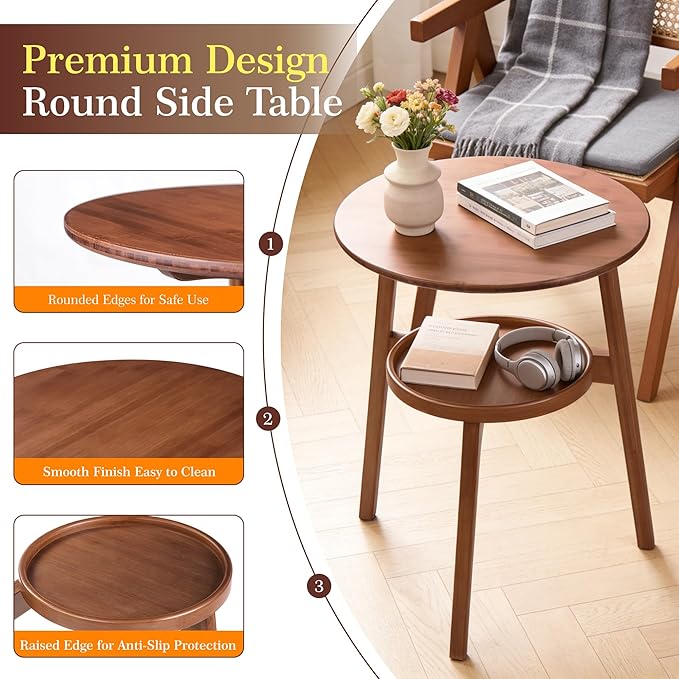 Bamboo Round Side Table, 2-Tier Small Space End Table - Image 4