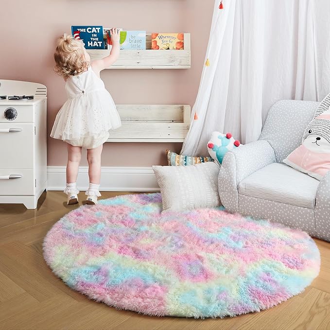 Amdrebio Rainbow Fluffy Round Rug 5Ft Kids Rugs - Image 8