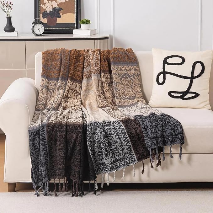 Boho Throw Blanket, Chenille Jacquard Tassels Throw Blankets by Bofree