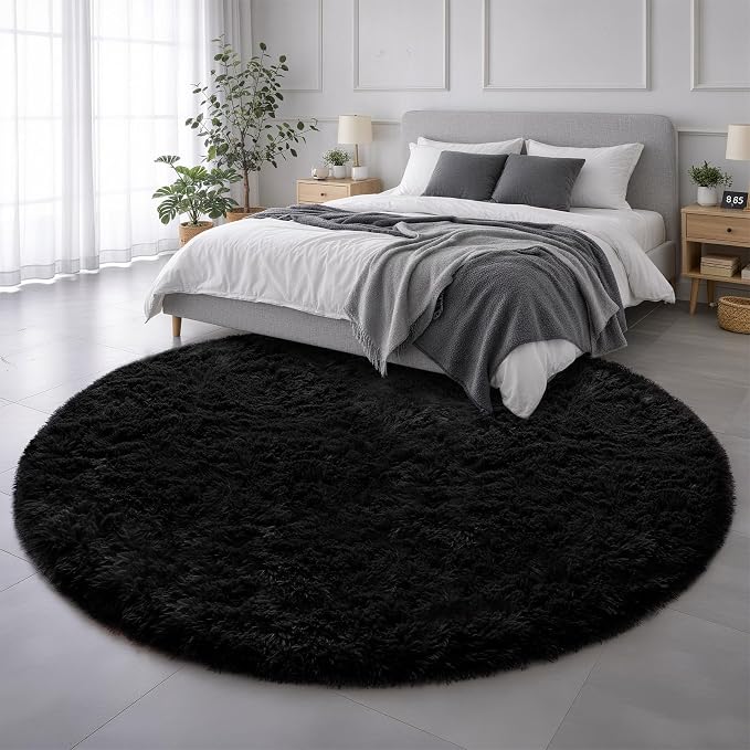 Black Round Rug 7Ft for Bedroom Aesthetic, Fluffy Plush Circle Area Rugs for - Image 3