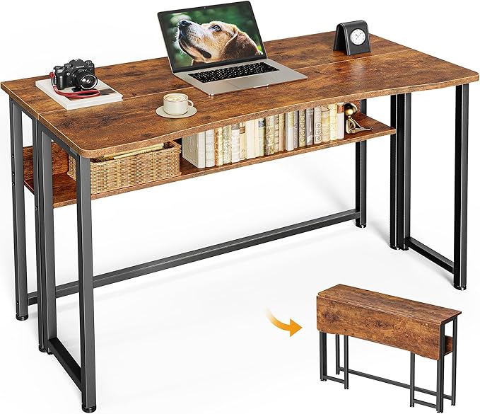 Huuger Folding Desk with Storage Shelf, 39.3 Inch Foldable Computer Table by Huuger