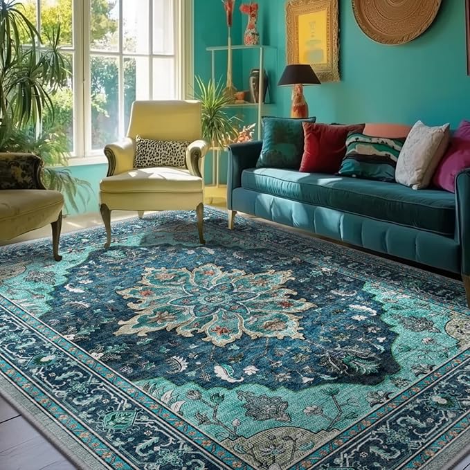 RELEANY Area Rugs 5'x7' Washable Non-Slip, Floral Vintage Distress Print by RELEANY
