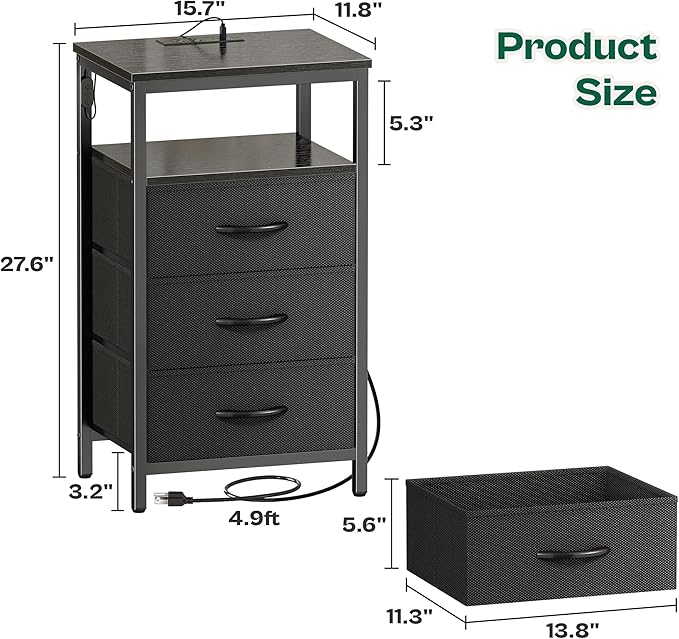 Huuger Night Stand with Charger Station and LED Lights, 3 Drawer Nightstand - Image 3