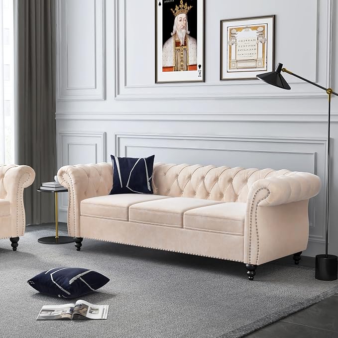 ORRD 2 Piece Living Room Set, Velvet Chesterfield Sofa Couch Chair - Image 8