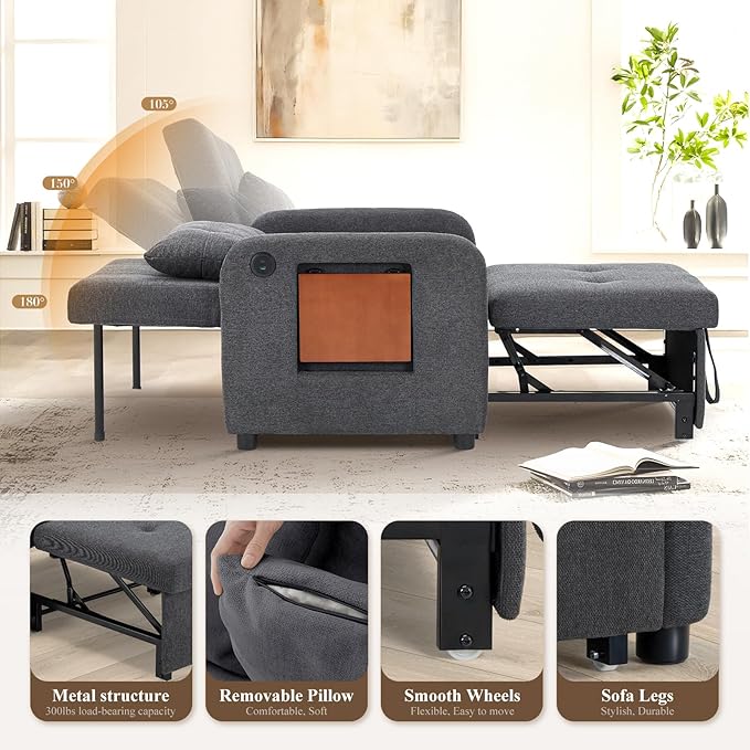Convertible Sleeper Chair-Fabric Futon Sofa Bed, Single Sleeper Sofa, Small - Image 6