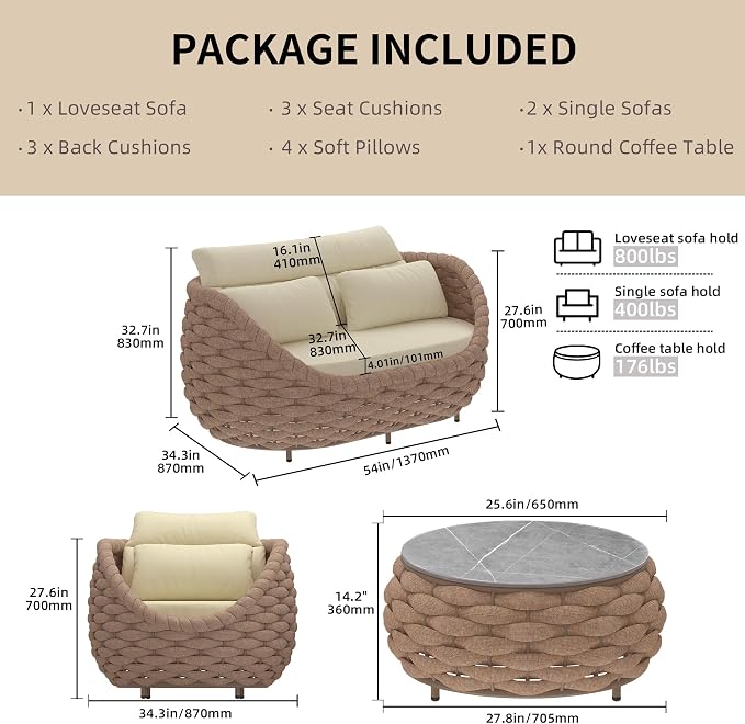 TWT Patio Furniture Sofa Set 4 Pieces Aluminum Outdoor Furniture w/25.6in - Image 2