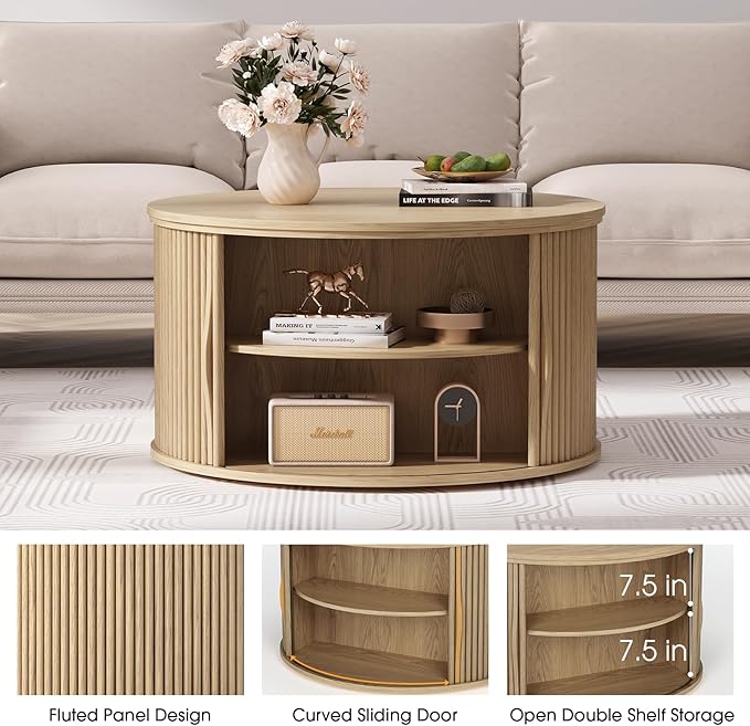 JOINICE 31.5" Round Lift Top Coffee Table, Natural Oak Modern Fluted Drum - Image 3