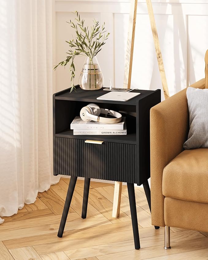 JOONEE Black Nightstand with Outlet, Modern Bedside Table with Storage Drawer - Image 7