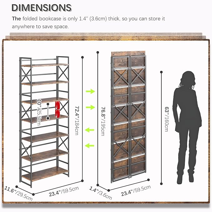 4NM 7 Tiers No Assembly Book Shelves, 72.4" H Folding Bookshelf Bookcase Open - Image 2