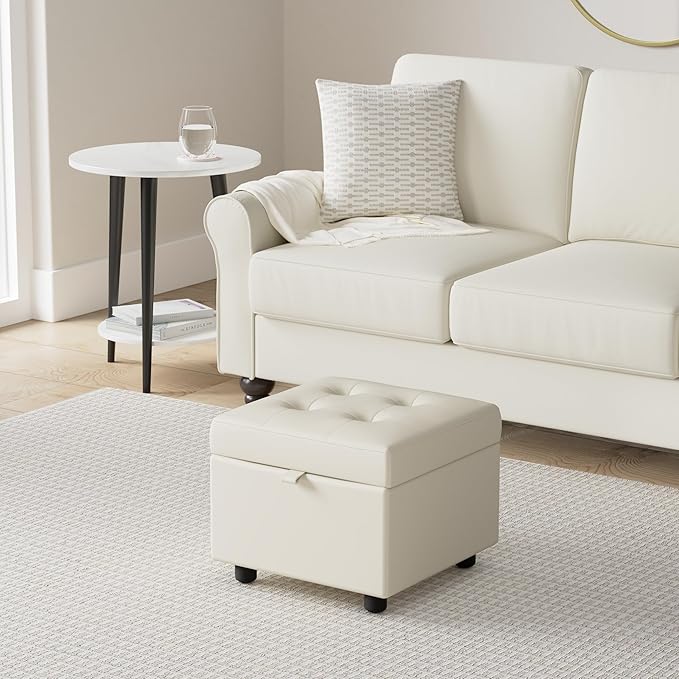 H&B Luxuries Tufted Leather Square Flip Top Storage Ottoman Cube Foot Rest - Image 2