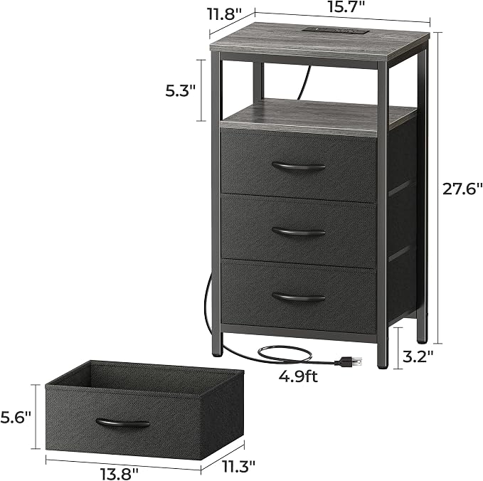 Huuger Nightstand with Charging Station, 27.6 Inch End Table Bedside Table with - Image 3